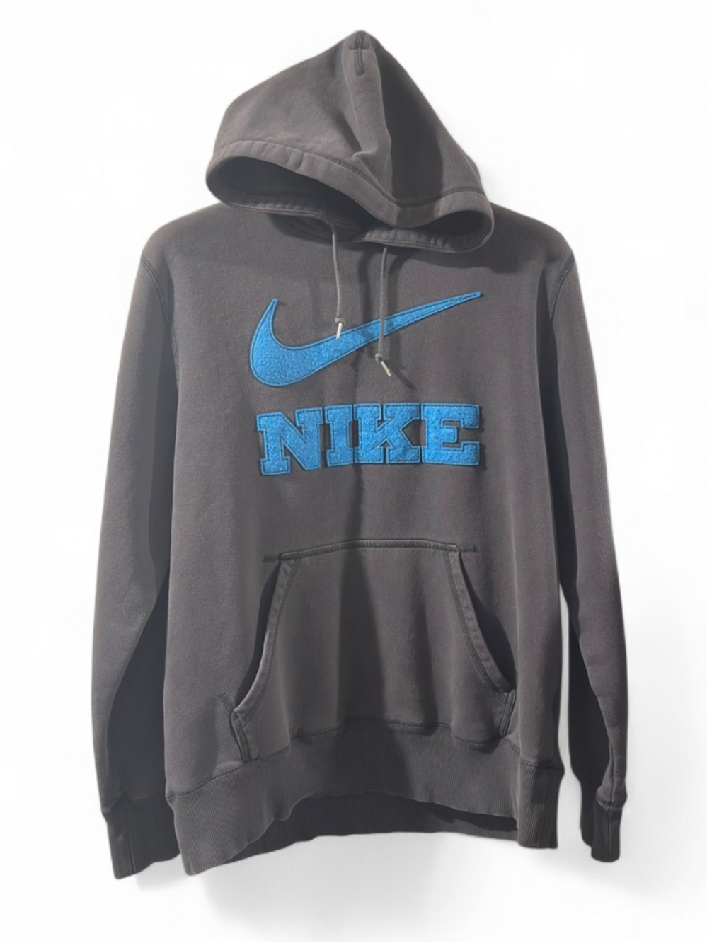 Y2K Nike Blue Swoosh & Logo Appliqué Grey Hoodie Sweatshirt Size Men’s Large